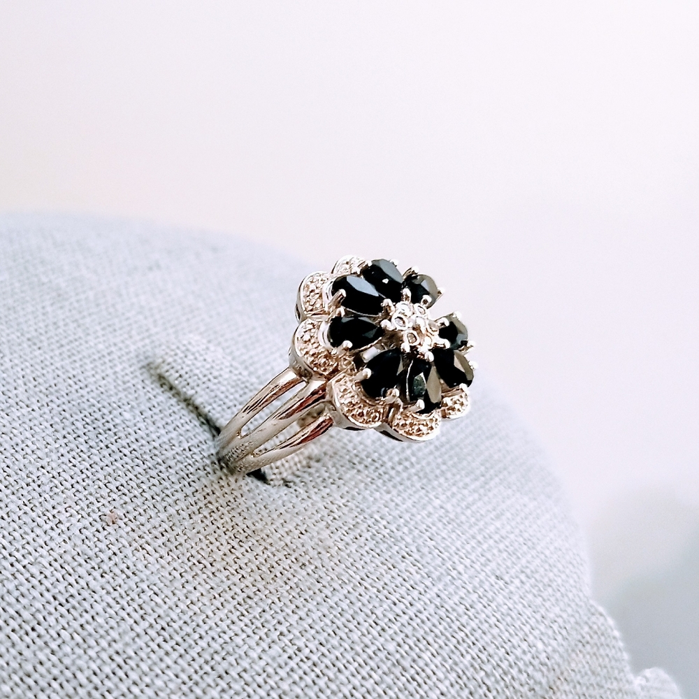 Onyx Diamond Silver Woman's Ring Flower